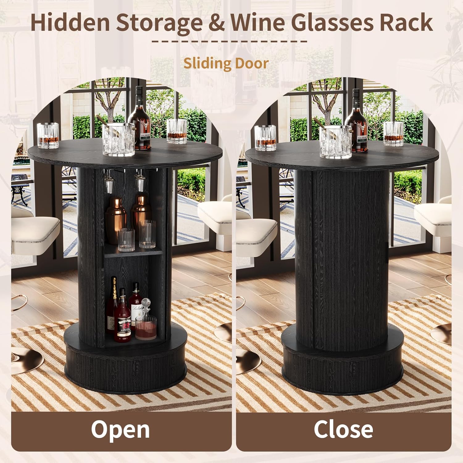 Small Round Bar Table with Slide Door & Hidden Storage, 38" High Bistro Pub Table with Footrest, Wooden Cocktail Table for Home Bar, Kitchen, Living Room, Black