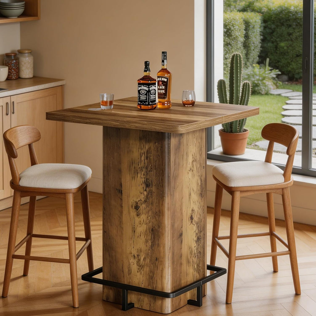 Tribesigns 39.37" Bar Height Table, Square Pub Table with Built-in Metal Footrest Ring, Sturdy Bistro Design for Kitchen, Home Bar, Small Space, Rustic Wood Grain