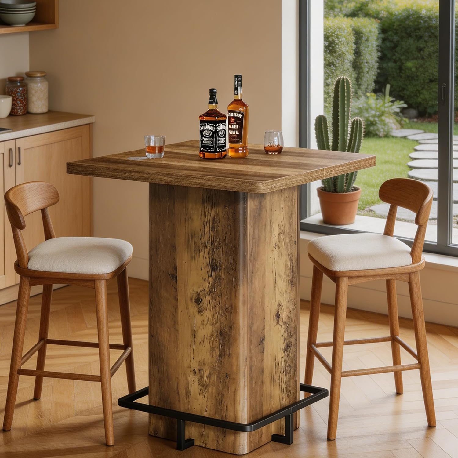Tribesigns 39.37" Bar Height Table, Square Pub Table with Built-in Metal Footrest Ring, Sturdy Bistro Design for Kitchen, Home Bar, Small Space, Rustic Wood Grain
