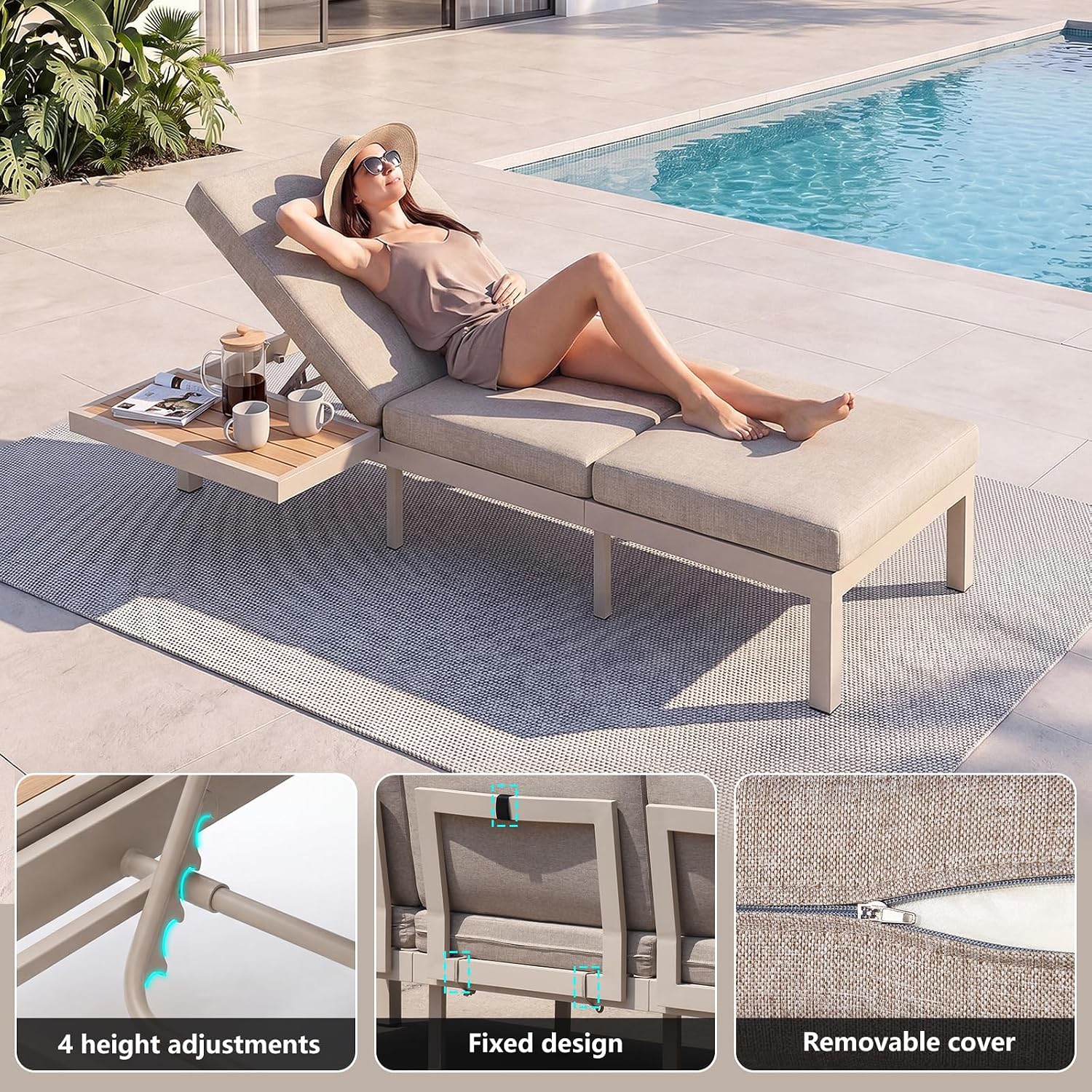 3-Seat Modular Aluminum Outdoor Sofa, Adjustable Reclining Design with Removable Side Table, All-Weather Patio Furniture Set with Water-Resistant Cushions for Backyard Poolside, Beige
