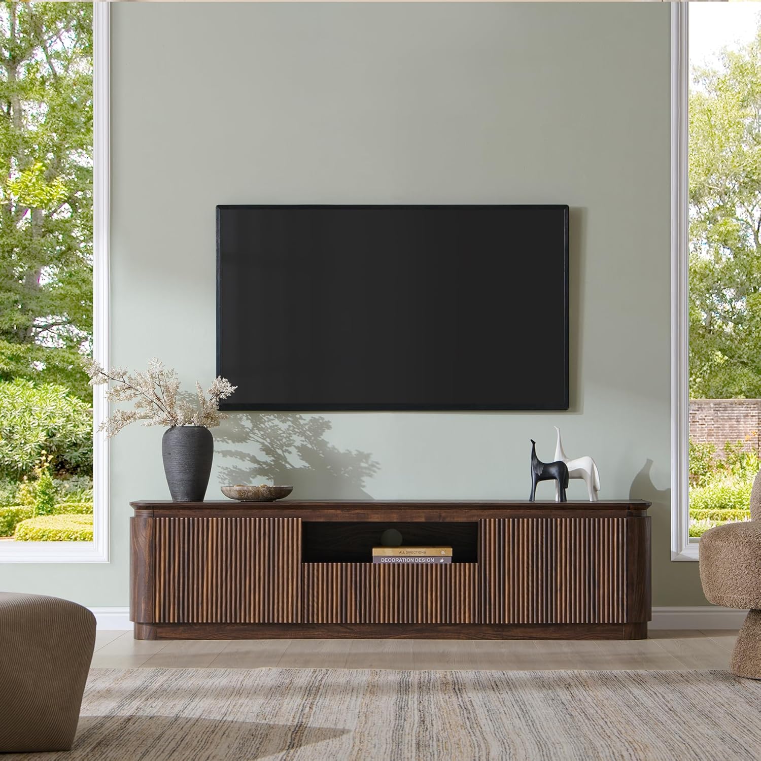 70" Fluted TV Stand for TVs Up to 80", Mid Century Modern Entertainment Center with Drawer, Storage Cabinet, Open Shelf, Wood Low Profile Media TV Console for Livingroom, Dark Walnut