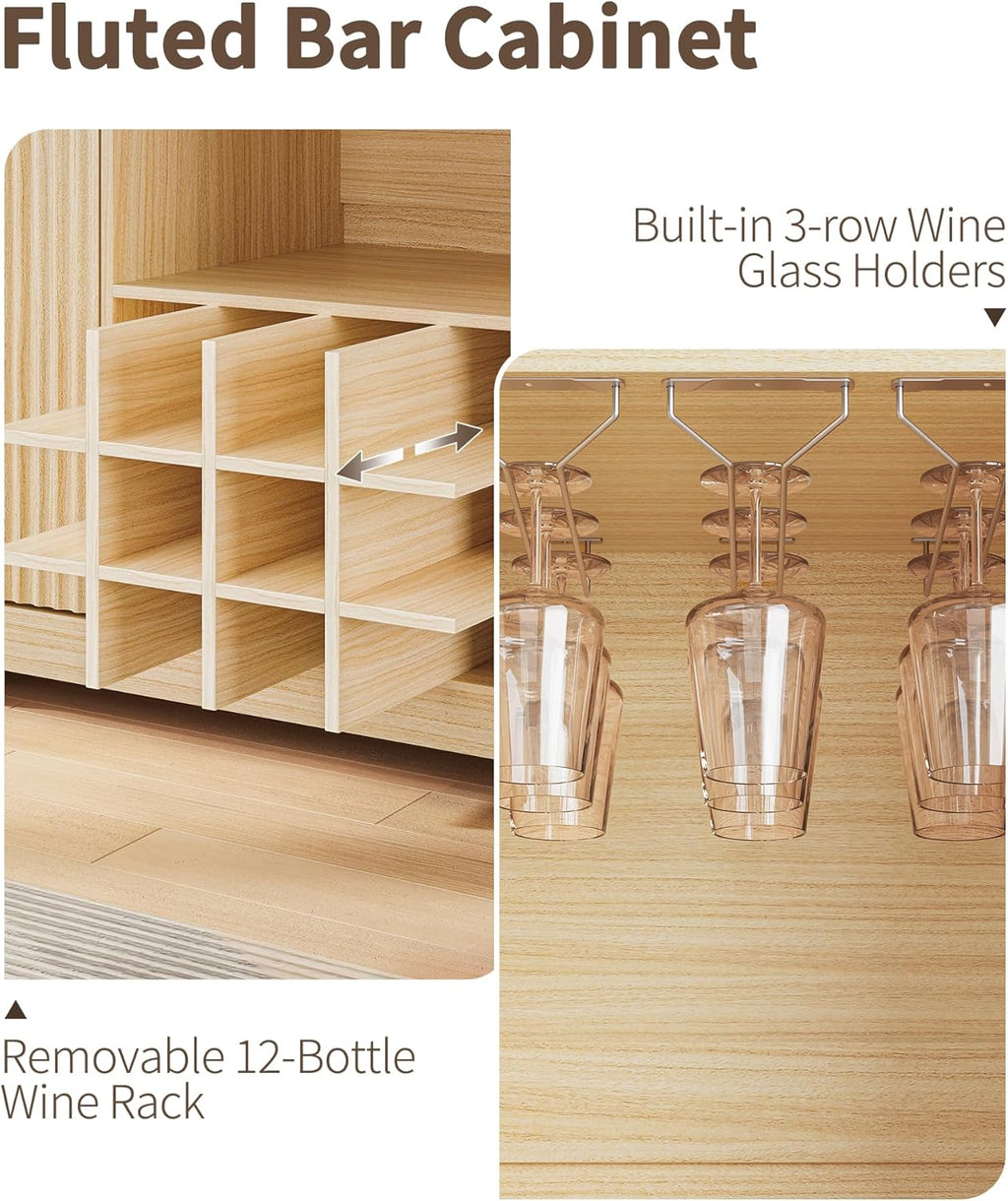 55" Fluted Wine Bar Cabinet - Coffee Bar Cabinets for Home with Storage, 2 Door & 2 Drawer Buffet Sideboard with Liquor Rack and Glass Holder, Alcohol Indoor Bars for Living Room, Kitchen