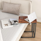 Yusong C Shaped End Table - Slide Under Sofa Couch Bed, Small Table for Small Spaces, Skinny Overbed, Coffee Drink Snack Table for Living Room, Rustic Brown