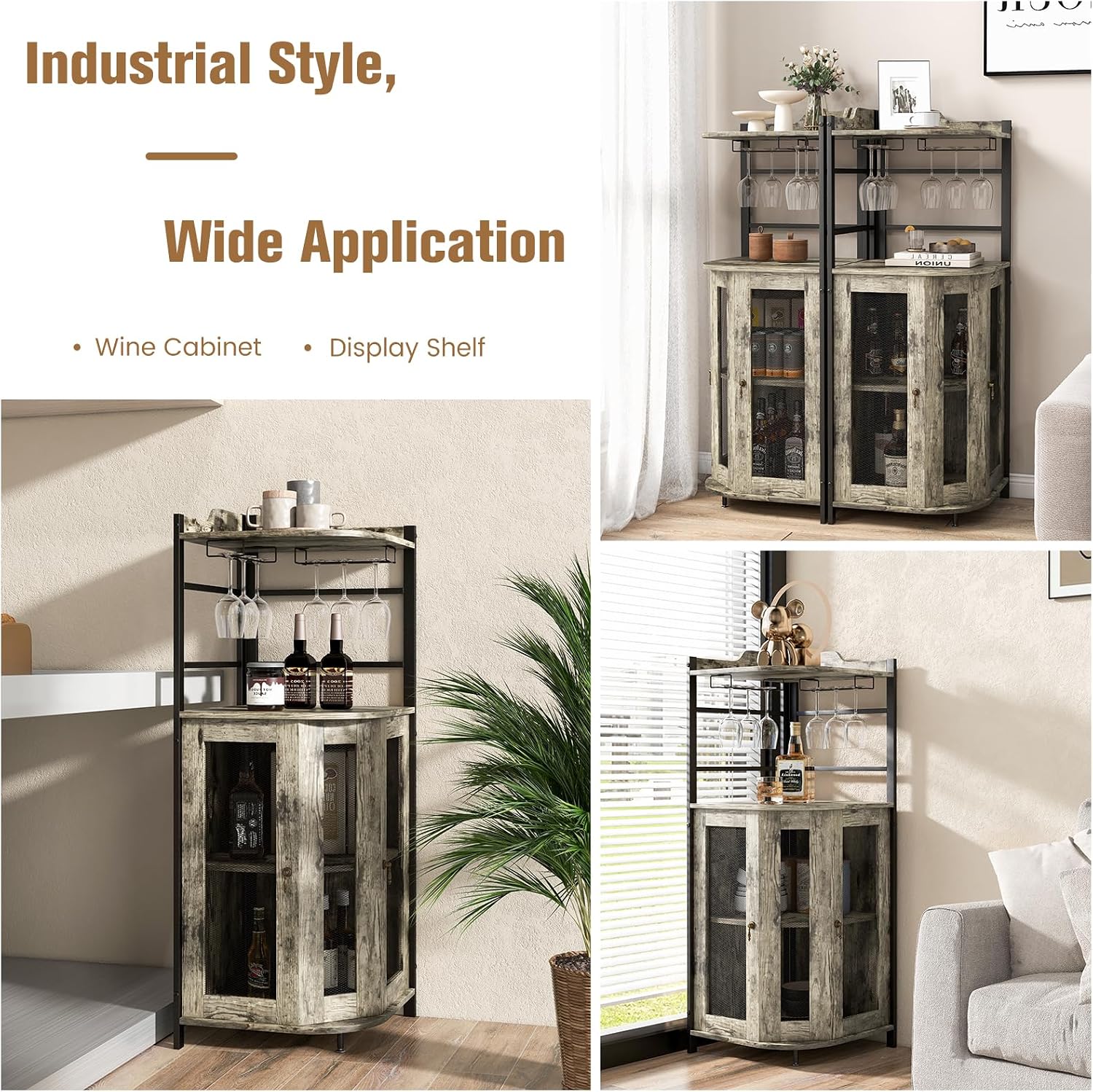 TANGZON Corner Bar Cabinet, 2 Mesh Doors Wine Cabinet with Glass Holders, Adjustable Shelf & Anti-Tipping Devices, Industrial Liquor Wine Drinks Storage Sideboard for Home Bar Kitchen Cellar