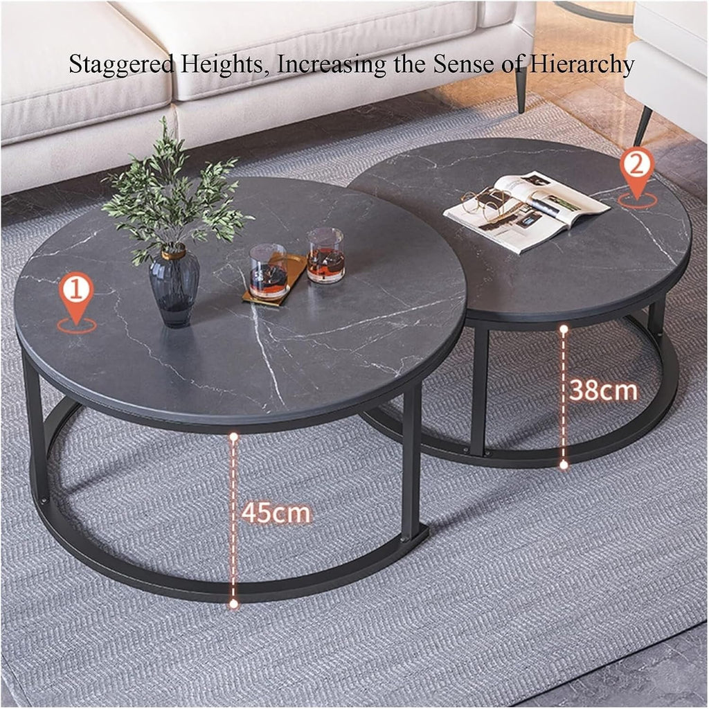 Nesting Coffee Tables Set of 2 Furniture Round Living Room Table Sets Side Tables for Bedroom with Top and Black Metal Frame(F)