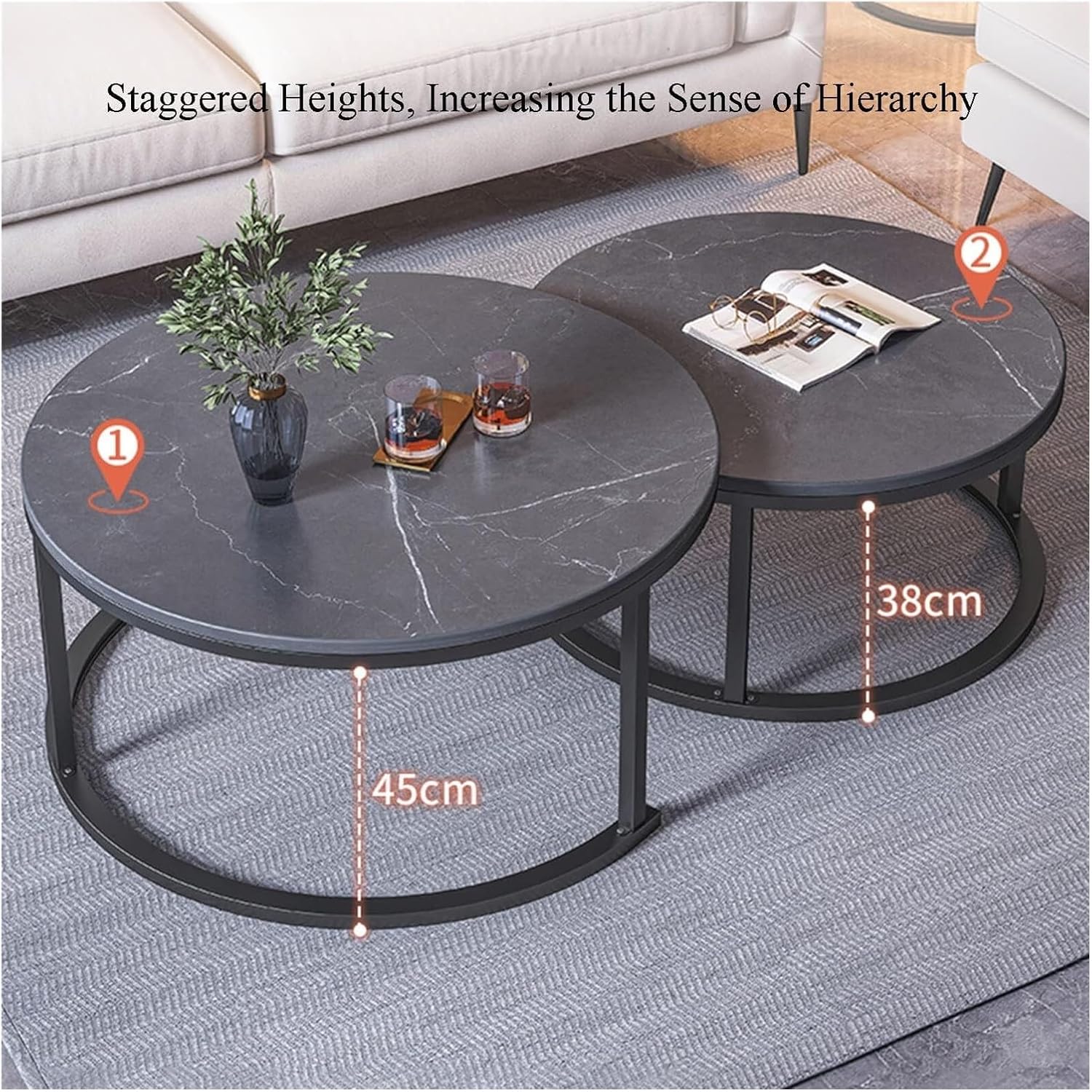 Nesting Coffee Tables Set of 2 Furniture Round Living Room Table Sets Side Tables for Bedroom with Top and Black Metal Frame(F)