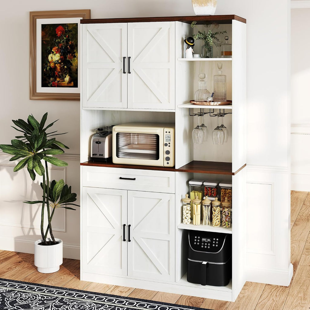 71" Kitchen Pantry Cabinet with Charging Station & LED Light,Freestanding Buffet Storage Cabinets with Adjustable Shelves,Farmhouse Kitchen Hutch with Microwave Stand for Dining Room (White+Brown)