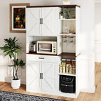 71" Kitchen Pantry Cabinet with Charging Station & LED Light,Freestanding Buffet Storage Cabinets with Adjustable Shelves,Farmhouse Kitchen Hutch with Microwave Stand for Dining Room (White+Brown)