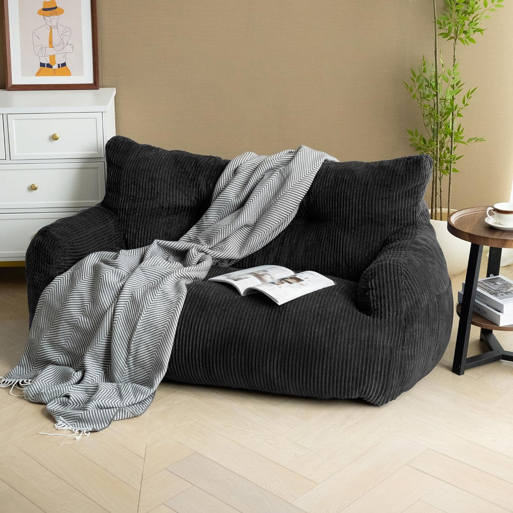 59" Bean Bag Chair,2 Seat Loveseat Sofa,Corduroy Lazy Sofa Bed for Adults,Fit Living Room, Bedroom,Outdoor Spaces,Ultra Soft Dutch Velvet,Fluffy Comfort Washable Cover,72h Rebound,Black