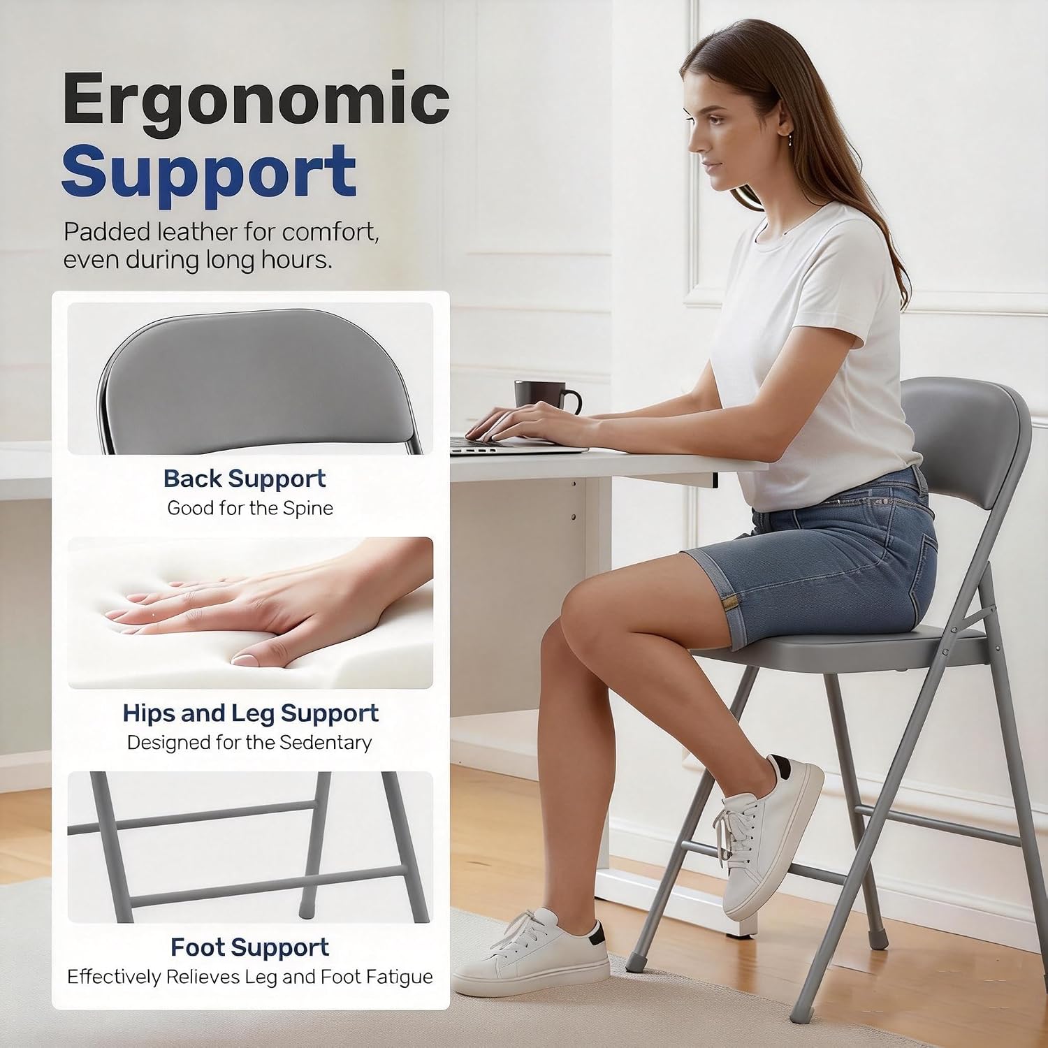 Simple Deluxe 2 Pack Folding Chairs – Padded Leather Seats, Heavy-Duty Metal Frame | Collapsible & Lightweight for Indoor/Outdoor Events, Home, Office, Grey