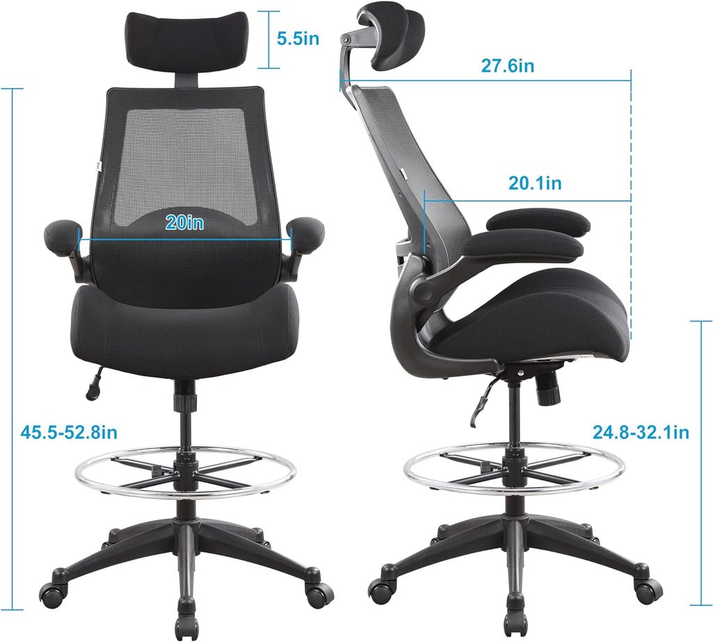 BOLISS Drafting Chair Tall Office Chair with Flip-up Armrests Executive Ergonomic Computer Standing Desk Chair with Lumbar Support and Adjustable Big Footrest Ring (Black)