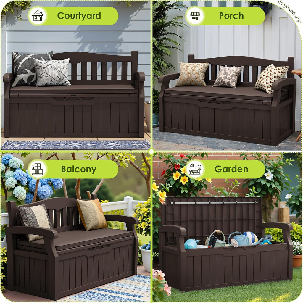 Greesum 80 Gallon Heavy-Duty Outdoor Storage Bench with Cushion, UV-Resistant Resin Bench with Armrest, Deck Box for Garden, Poolside, Patio, Dark Brown