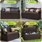 Greesum 80 Gallon Heavy-Duty Outdoor Storage Bench with Cushion, UV-Resistant Resin Bench with Armrest, Deck Box for Garden, Poolside, Patio, Dark Brown