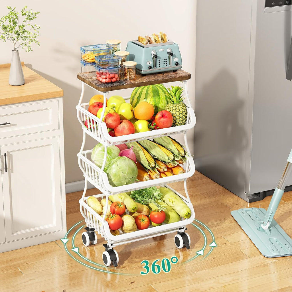 SAYZH Fruit Basket Kitchen Pantry Organizers and Storage - Wooden Top Table, Stackable Metal Wire Basket Stand Cart for Fruit Vegetable Snacks Onion Potato Organization (White, 4 Tiers)