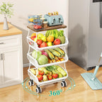 SAYZH Fruit Basket Kitchen Pantry Organizers and Storage - Wooden Top Table, Stackable Metal Wire Basket Stand Cart for Fruit Vegetable Snacks Onion Potato Organization (White, 4 Tiers)