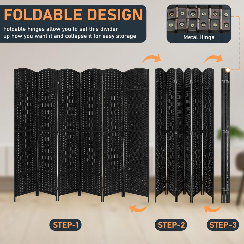 FDW Room Divider 6 Panel Folding Privacy Divider 6 Ft Indoor Wall Divider Portable Partition Wood Screen, Coal Black