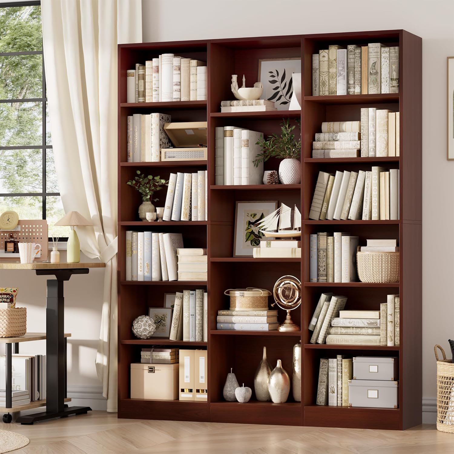 FACBOTALL Triple Wide Bookshelf, 6 Tier Large Bookshelf, Bookcase with 17 Open Display Shelves, 74'' Tall Bookcases and Bookshelves for Living Room, Home Office, Library, Cherry