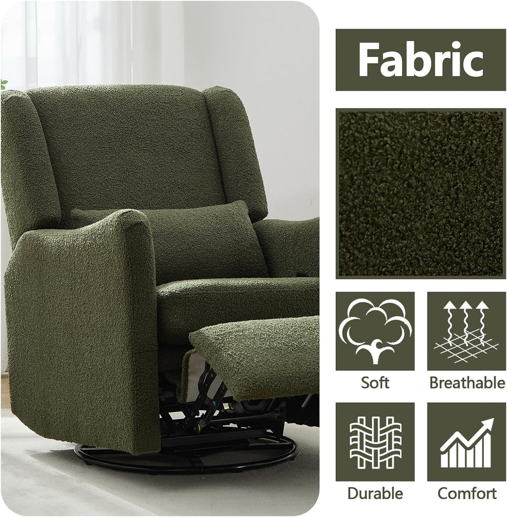 29.5'' Wide Swivel Rocker Recliner with 3-Position Lock Leg Rest, Nursery Chair with Sturdy Metal Base for Living Room, Bedroom and Apartment, Teddy Fleece (Seaweed Green)