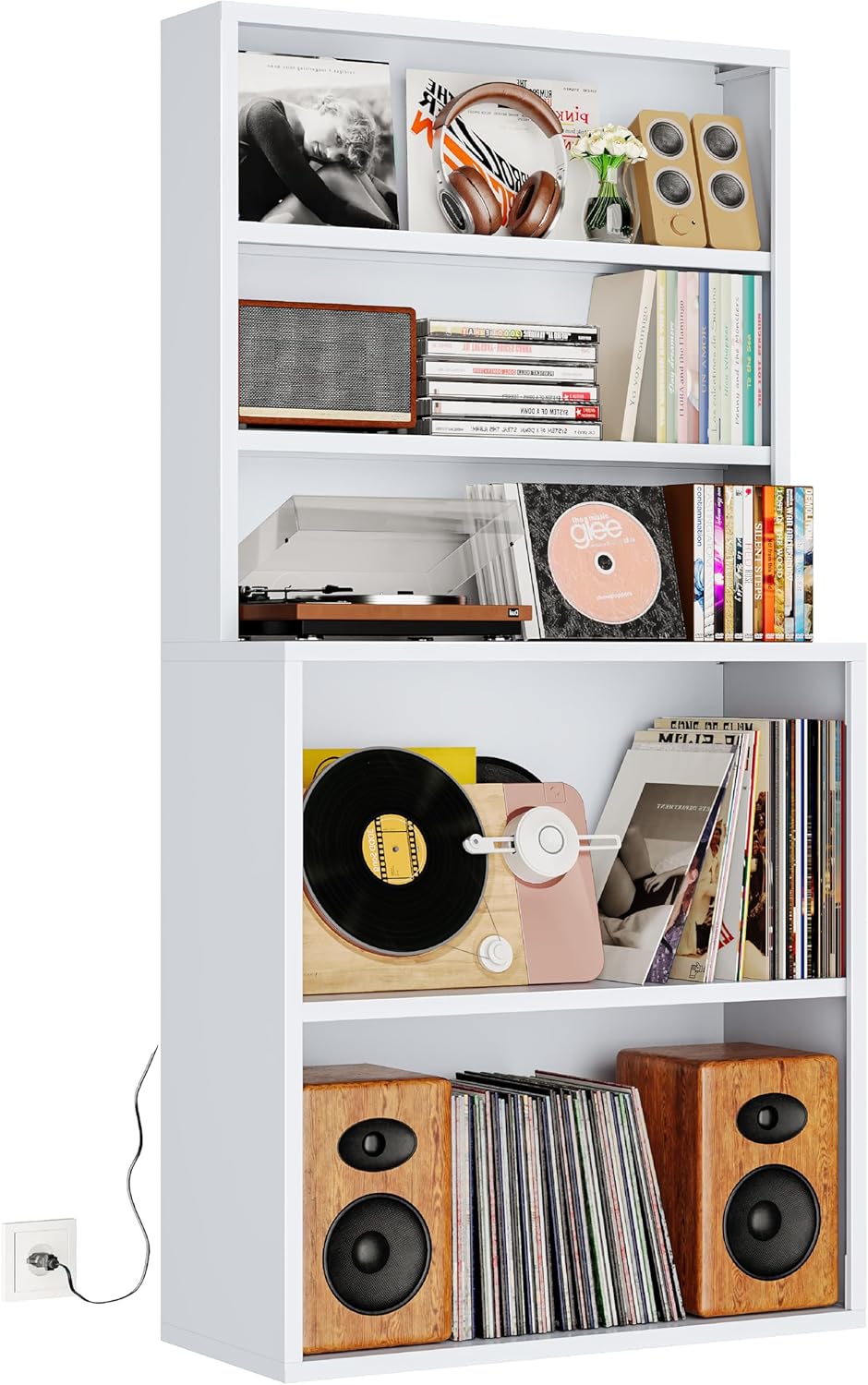 Record Player Stand with Dual Depth Design, CD Storage Rack, Media Storage Cabinet for Vinyl Records, DVDs, Comic Books & Video Games, Organizer Shelf for Living Room, Home Office, White