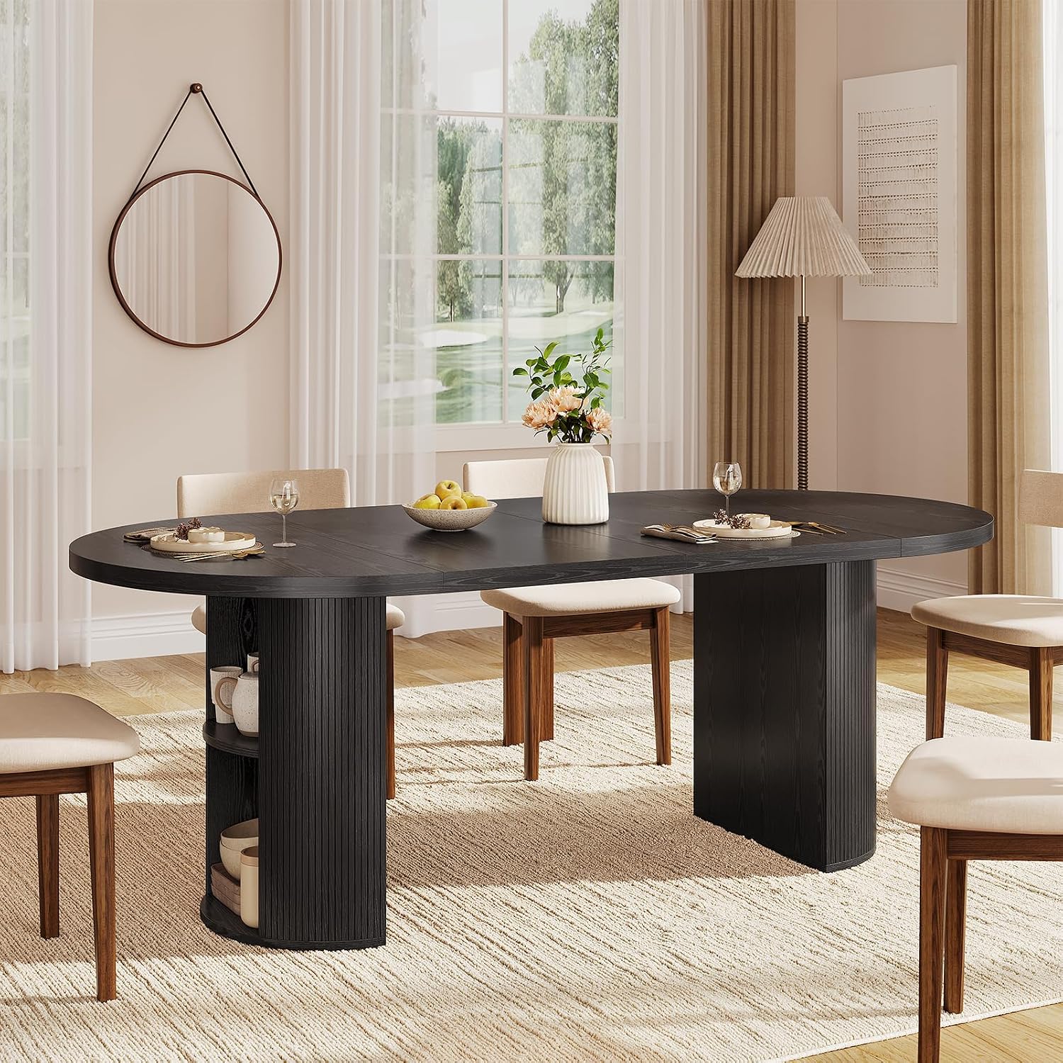 ONBRILL 41-78 Inch Extendable Dining Table for 4-8, Fluted Expandable Kitchen Table with Storage, 2 Leaf, Mid Century Modern Oval Dinner Tables for Dining Room, Kitchen, Living Room, Black