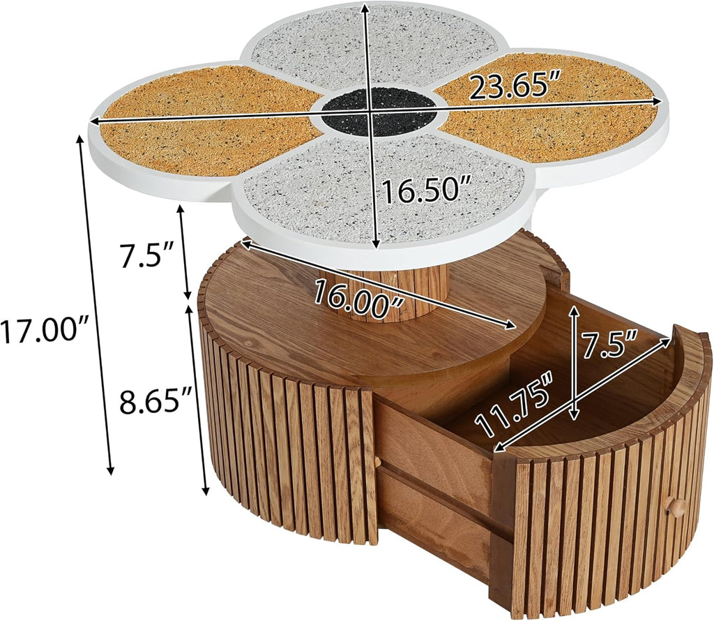 Unique Four-Petal Accent Table with Storage Drawer, Nordic Style Round Side Table for Living Room Bedroom, Compact End Table with Wood-Grain Base, Small Nightstand for Small Spaces