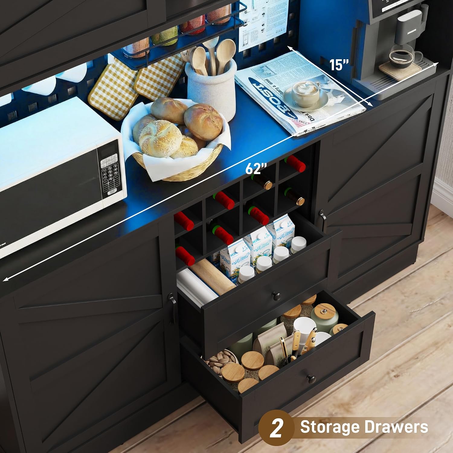 75”Tall 63"W Extra Large LED Farmhouse Kitchen Storage Pantry Hutch Cabinet w/Power Outlet,Pegboard,Coffee Bar Cabinets,Microwave Shelf,Wine Rack,4 Barn Doors,2 Drawers, Dining Room,Black