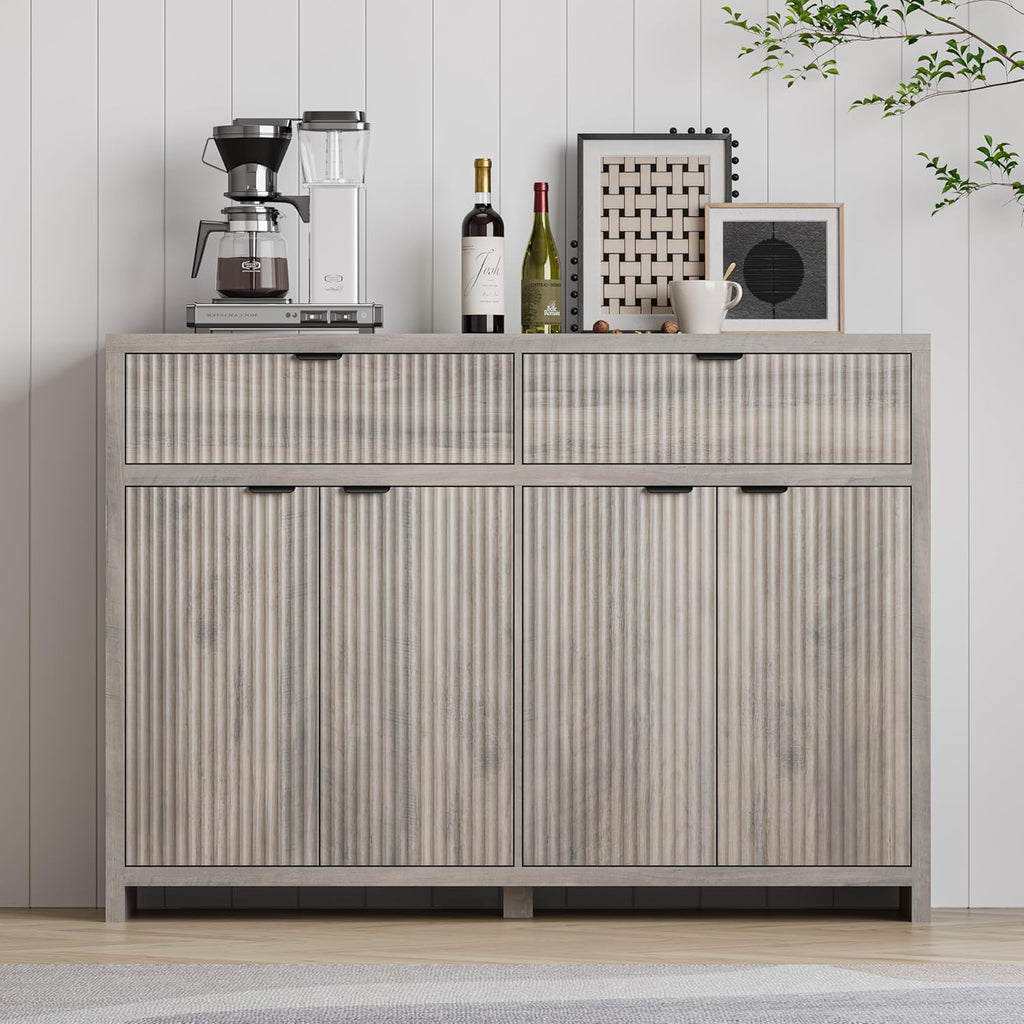 Fluted Sideboard Buffet Cabinet with Storage and Large Drawers, 55" W Credenza Storage Cabinet for Living Room or Entryway, 40'' H Farmhouse Buffet Table with Adjustable Shelves, Console Cabinet