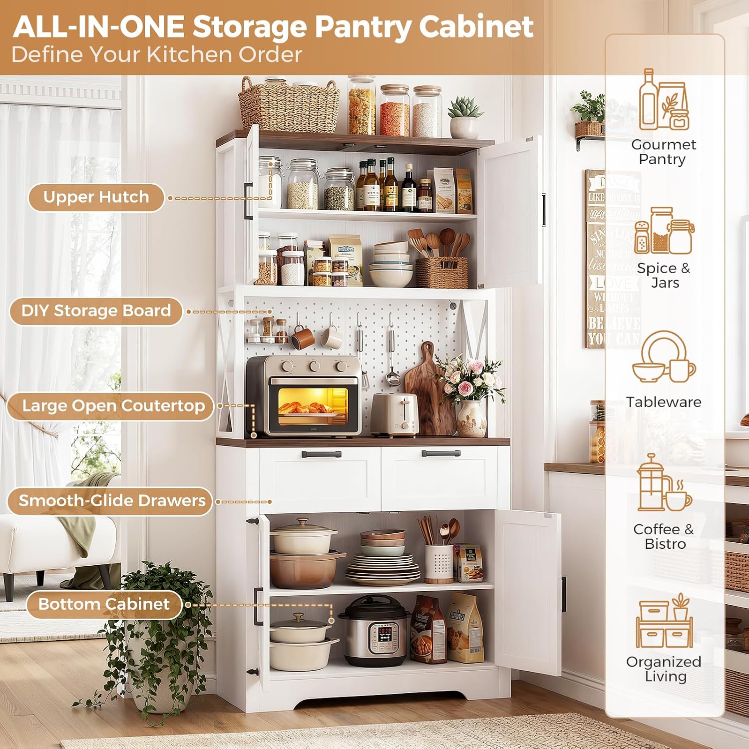 Unikito Pantry Cabinet with Microwave Countertop, 71" Tall Kitchen Pantry Storage Cabinet with Charging Station & LED Lights, Freestanding Kitchen Hutch with Drawers& Pegboard for Dining Room, White