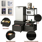 Herture Mini Fridge Stand with Wine Rack, Kitchen Bakers Rack with Power Outlet, Microwave Oven Stand, Coffee Bar, Movable Drawers, for Dorm,Office, Black HB04BXB