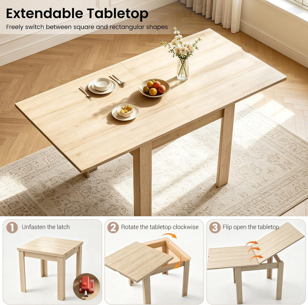 31.5"-63" Folding Dining Table Set for 4, Drop Leaf Extendable Table and Chairs, Square Dining Table with 4 PU Chairs for Living Room, Kitchen, Dining Room, Space Saving(Natural Table+4 Brown Chairs)