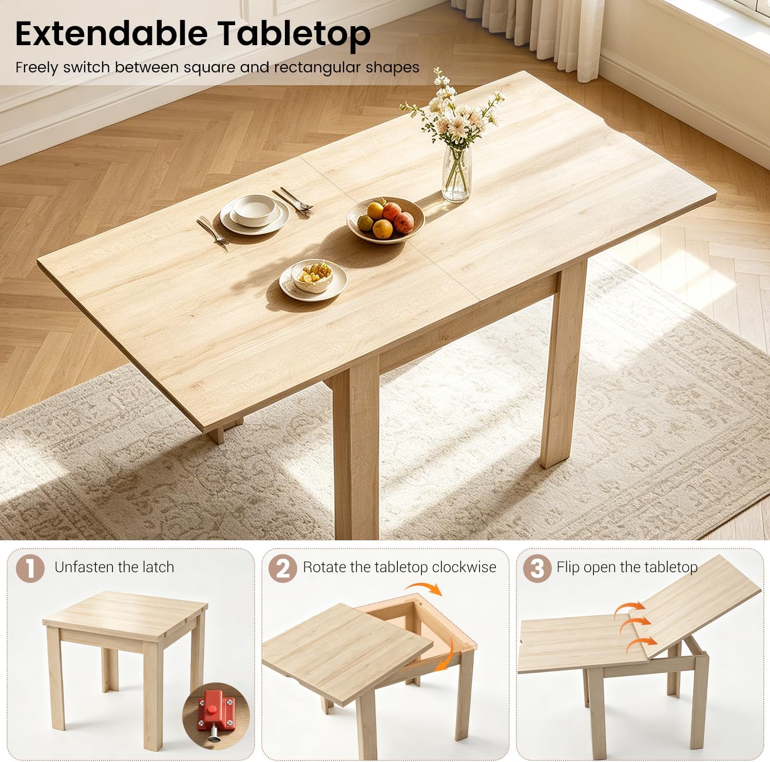 31.5"-63" Folding Dining Table Set for 4, Drop Leaf Extendable Table and Chairs, Square Dining Table with 4 PU Chairs for Living Room, Kitchen, Dining Room, Space Saving(Natural Table+4 Brown Chairs)