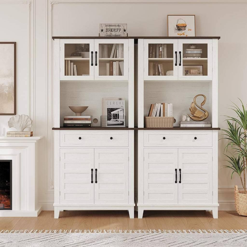IDEALHOUSE Modern 72-Inch Freestanding Pantry Cabinet – Buffet Hutch with Adjustable Shelves, Large Drawer, Glass & Wooden Doors, Open Storage – Brown & White Contrast – Perfect for Dining Room,