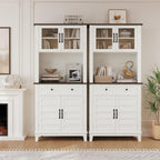 IDEALHOUSE Modern 72-Inch Freestanding Pantry Cabinet – Buffet Hutch with Adjustable Shelves, Large Drawer, Glass & Wooden Doors, Open Storage – Brown & White Contrast – Perfect for Dining Room,