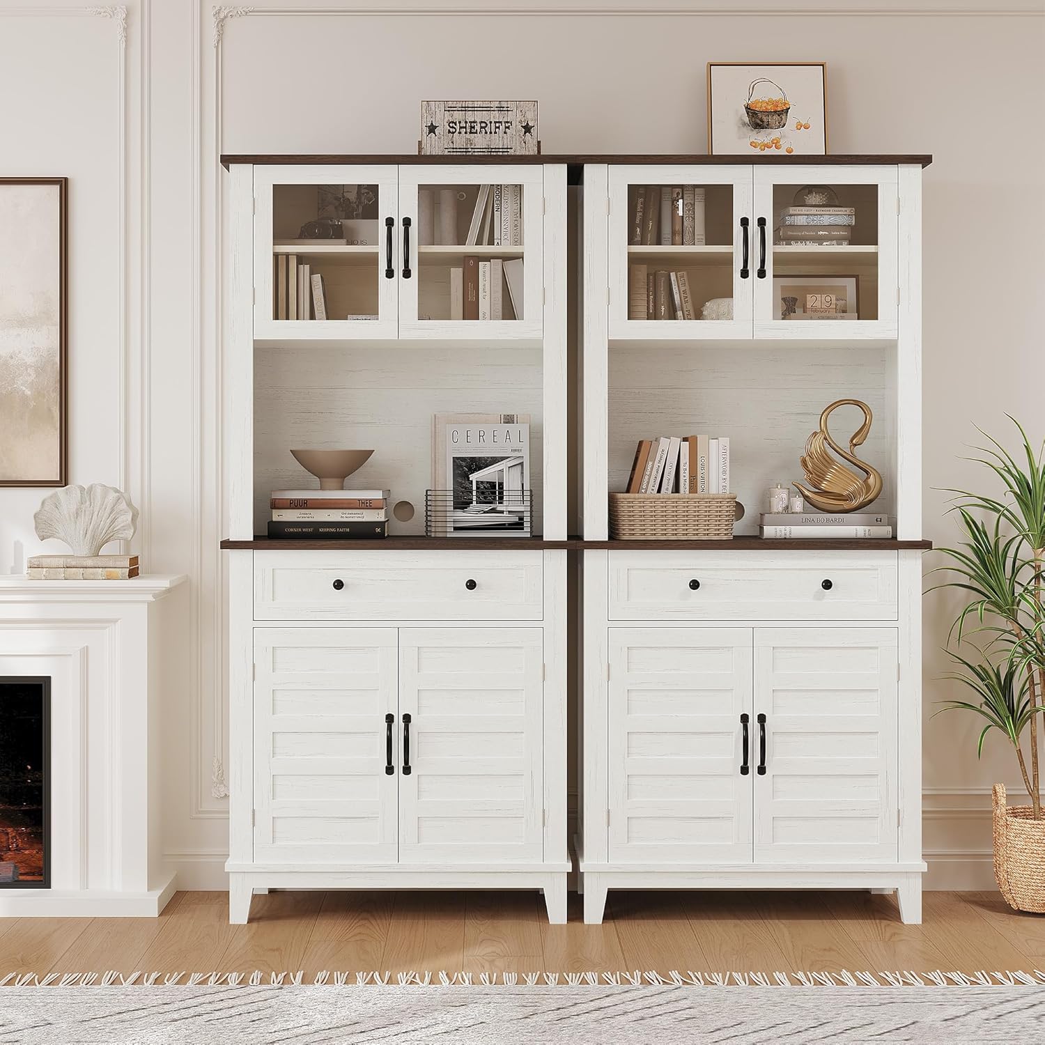 Garvee 72 in Tall Kitchen Pantry Cabinet, Kitchen Hutch Bar Cabinet with Microwave Stand, Cupboard with Drawers Glass Doors for Dining Room, Living Room, White