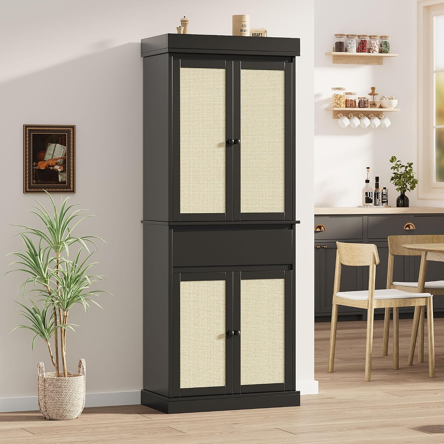 Garvee Tall Pantry Cabinet, Rattan Kitchen Pantry Storage Cabinet with Doors and Adjustable Shelves, 69" Freestanding Cupboard Cabinet with Drawer for Bathroom, Dining Room, Living Room, Black
