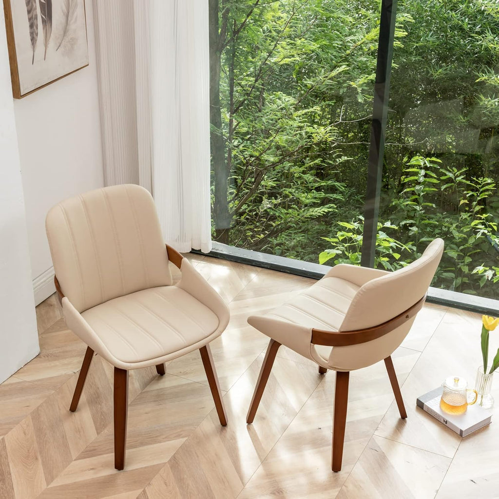 Mid Century Modern Faux Leather Upholstered Dining Chairs,Armless Accent Chairs with Sturdy Natural Wood Legs,Bamboo Backrest Support for Kitchen&Dining Room Chairs(1PCS,Beige)