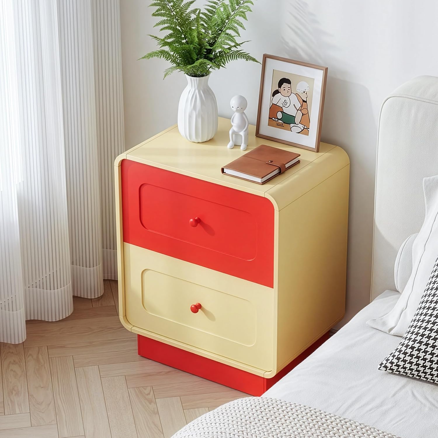 Red and Yellow Nightstand with Safe Curved Edges 2 Drawers for Kids Bedroom | ANBUY Modern Wooden Bedside Table for Toddler Room, End Table , Cute Side Table for Living Room, Nursery, Hallway