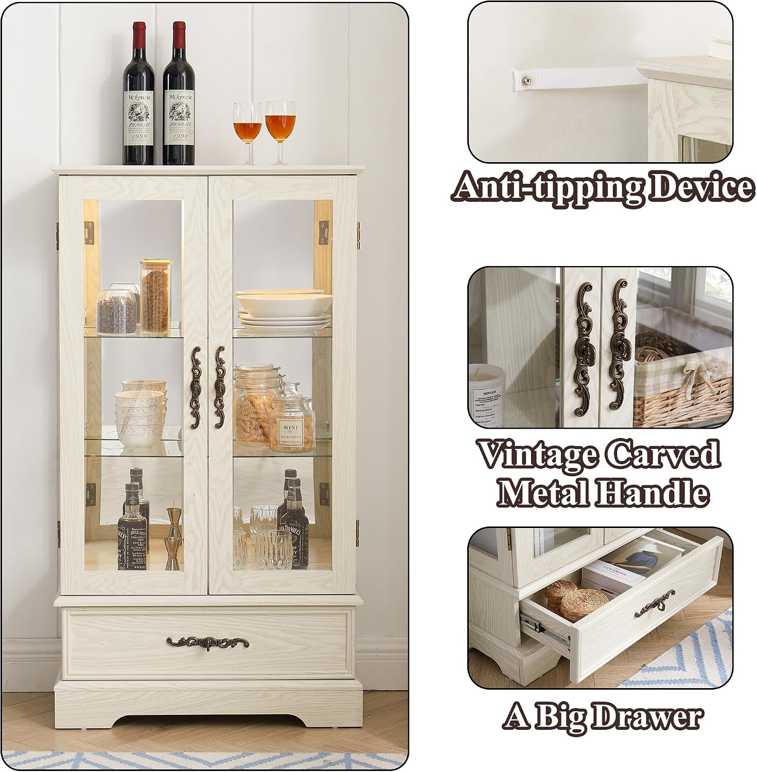 47" H Lighted Curio Cabinet Display Case, Glass Case with Adjustable Shelves,Tempered Glass Door and Drawer, Wooden Curio Cabinet with Mirrored Back Pane for Living Room (Antique White)