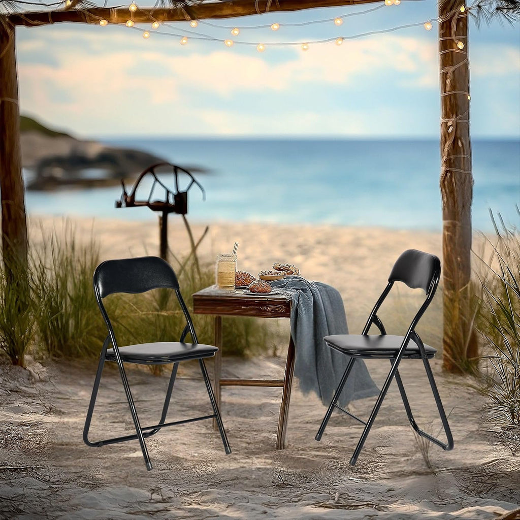 FurnitureR Steel Folding Chairs Foldable Chair with Padded Seats for Desks Home Office Waiting Room Guest Reception Party Poker Stackable Conference Chairs (Black PVC Ⅰ, 2-Pack)