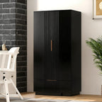 Brafab 67" Fluted Armoire Wardrobe Closet with Drawers, Black Cabinet | Removable Hanging Rods, Adjustable Shelves, Soft-Close Hinges, Large Capacity, Clothes Organizer for Bedroom, Cloak Room