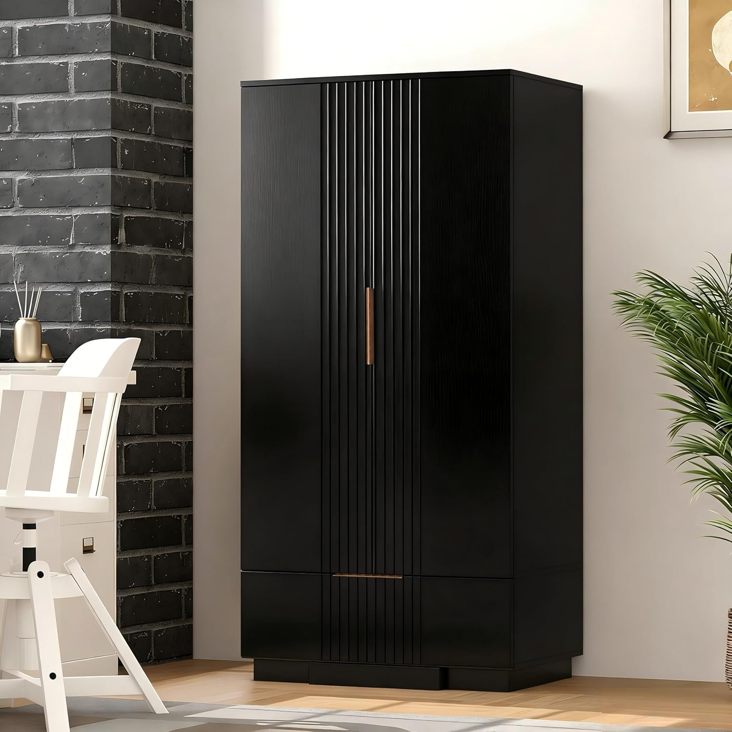 Brafab 67" Fluted Armoire Wardrobe Closet with Drawers, Black Cabinet | Removable Hanging Rods, Adjustable Shelves, Soft-Close Hinges, Large Capacity, Clothes Organizer for Bedroom, Cloak Room