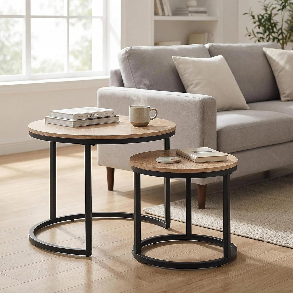 CENSI 24" Natural Oak Round Nesting Coffee Table Set of 2 | Accent Nesting End Table / Side Table, Space-Saving, Modern Industrial Style