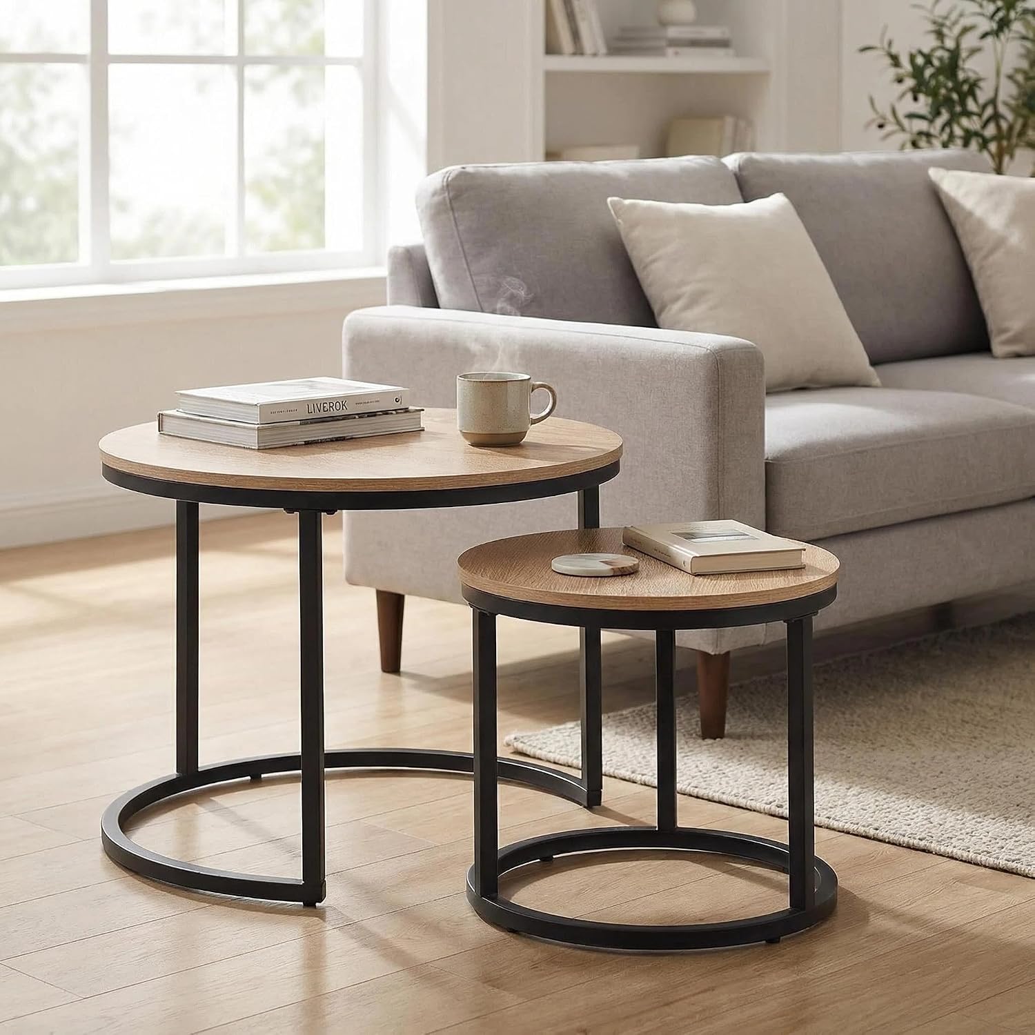 CENSI 24" Natural Oak Round Nesting Coffee Table Set of 2 | Accent Nesting End Table / Side Table, Space-Saving, Modern Industrial Style