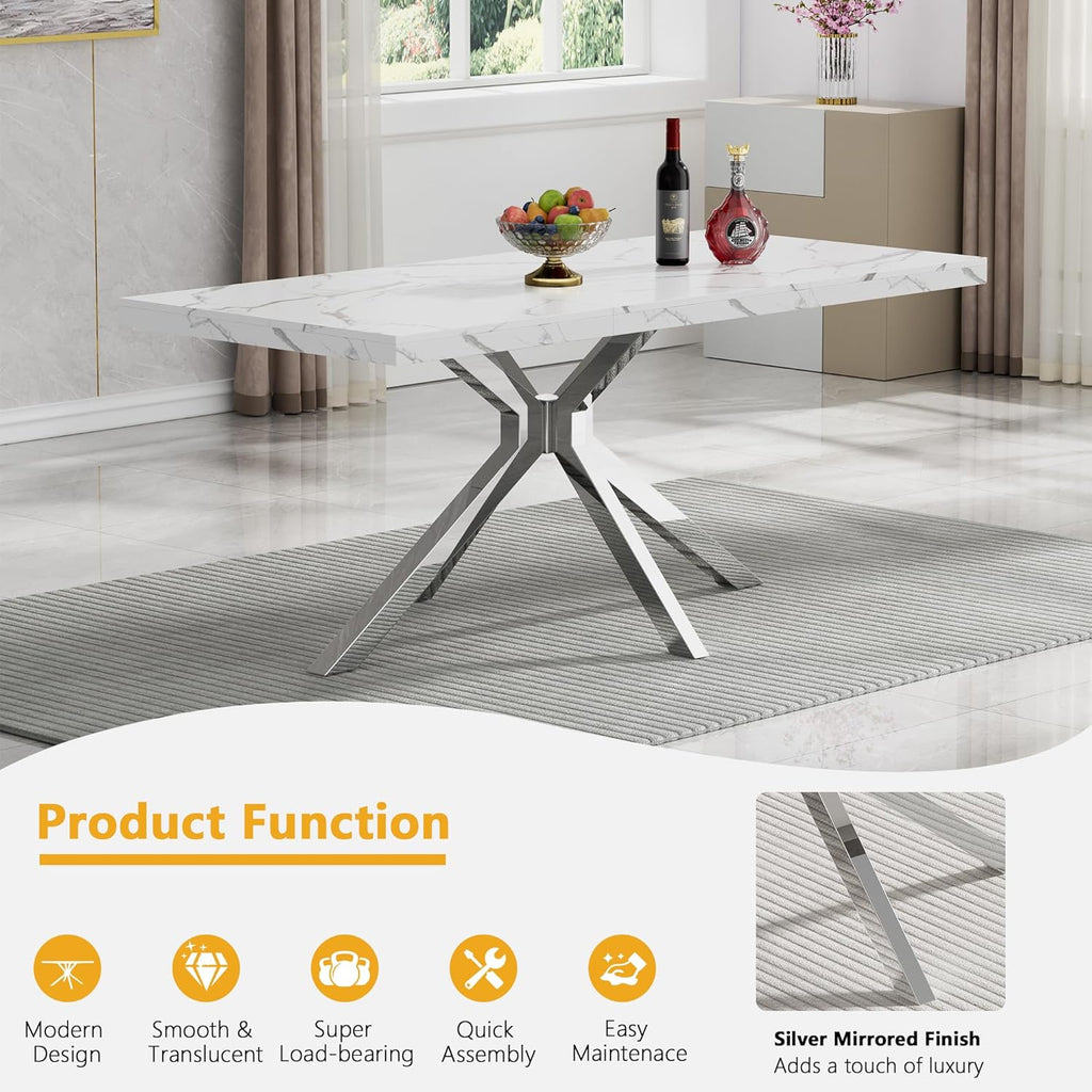 70 inch Faux Marble Dining Table for 4-6, Modern Kitchen Table with White Faux Marble Tabletop, Silver Stainless Steel X Base, Rectangular Dining Room Table for Dinner, Party, Meeting, Celebration