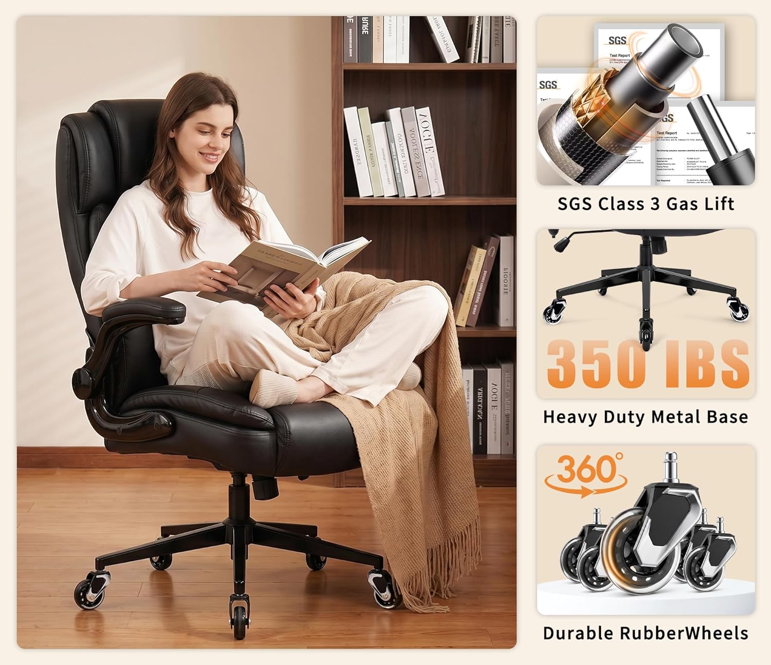 Large High Back Office Chair - Adjustable Lumbar Support, Flip Up Arms, Heavy Duty Metal Base, Breathable Bonded Leather, 2 Storage Bags, Black