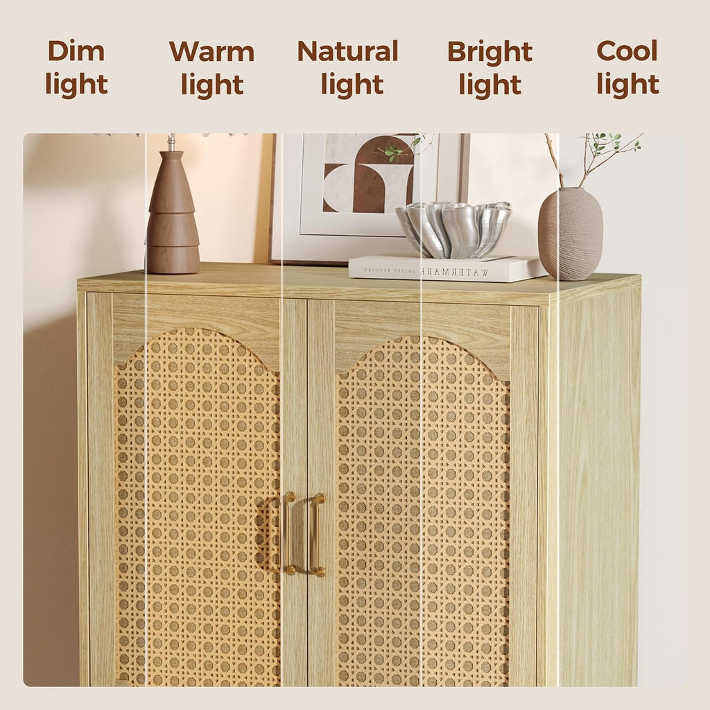 Sideboard Buffet Cabinet with Storage, Small Rattan Entryway Credenza | Modern Console Cabinet with Doors & Adjustable Shelf, Wood Buffet for Kitchen, Dining Room, Living Room, Light Oak