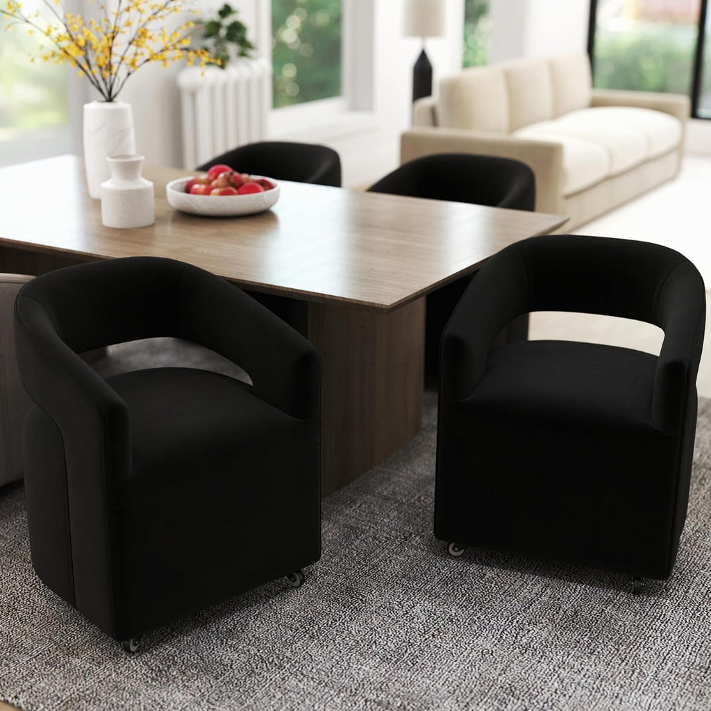 LukeAlon Sherpa Dining Chairs Set of 2, Modern 360° Swivel Kitchen Chairs with Casters Barrel Open Back Side Chairs Upholstered Dinner Chair for Dining Room Living Room, Black