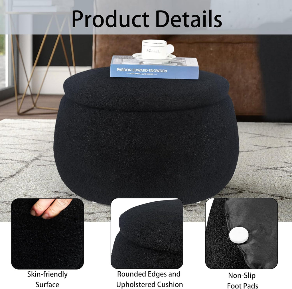 Homebeez 23" Round Storage Ottoman with Removable Lid, Faux Fur Footrest Stool - Modern Teddy Velvet Upholstered Coffee Table for Living Room, Bedroom, Entryway, Black