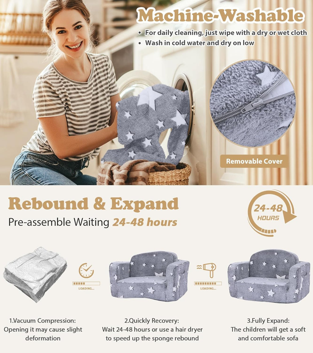 Kids Couch, 2-in-1 Soft Toddler Couch Fold Out with with Blanket and Cloud Pillow, Glow in The Dark, Toddler Chair Comfy, Convertible Sofa, Gifts for Kids Girl Boys, Medium Grey Star