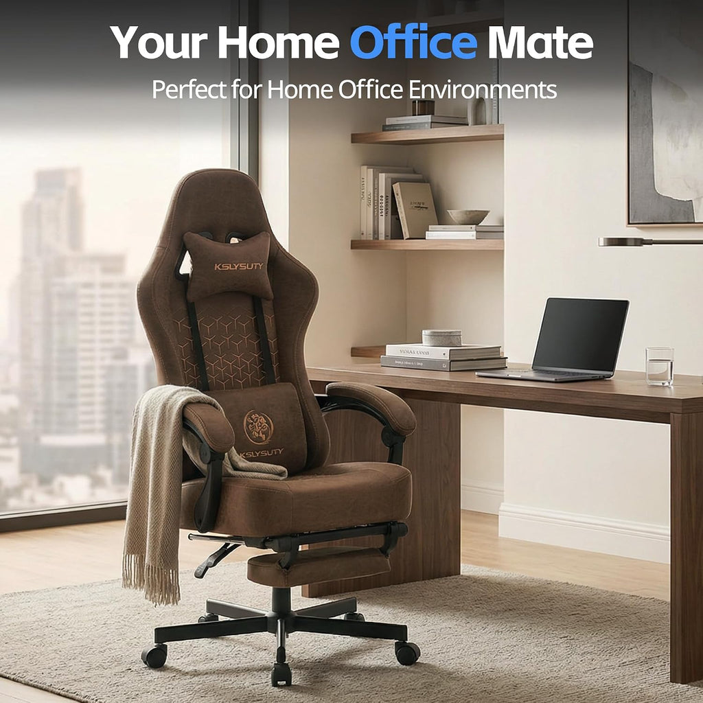 Desk Computer Gaming Chair - Ergonomic Game Office Chair with Extended Footrest and Massage Lumbar Support, Home Gamer Video Game Chairs with Spring Cushion for Adults (Pro Brown Leather)
